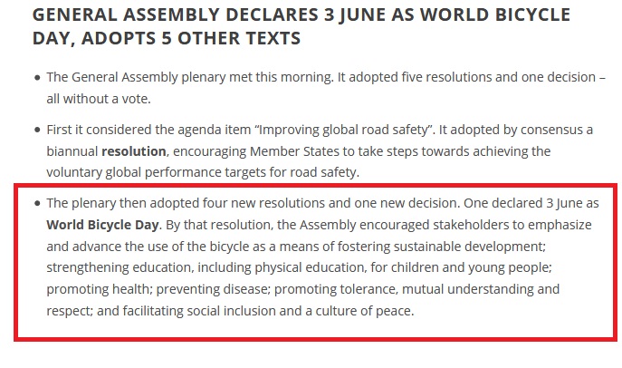 Majelis Umum PBB Mendeklarasikan Tanggal 3 Juni Sebagai Hari Sepeda Dunia